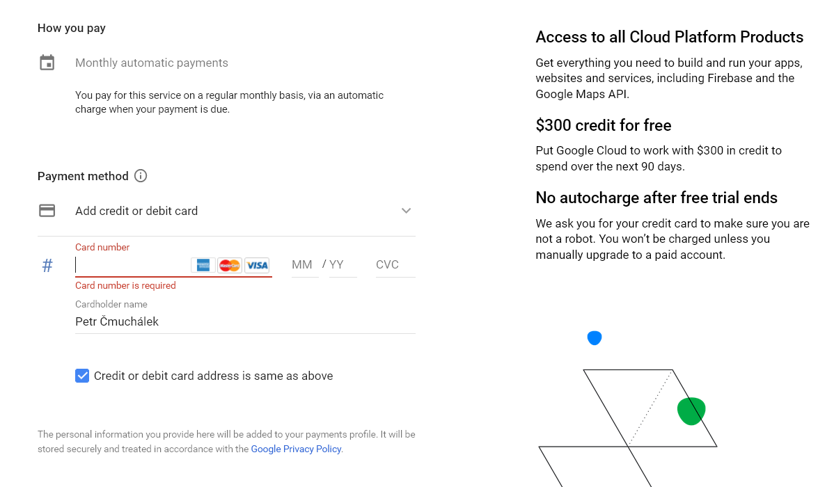 Obr. 4 Registrace ke Google Cloud Platform - 3. krok, vložení platebních údajů